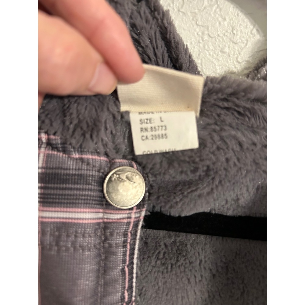 O'Neill Womens Plaid Hooded Puffer Vest Faux Fur Lined Grey Purple Large L - Picture 5 of 8